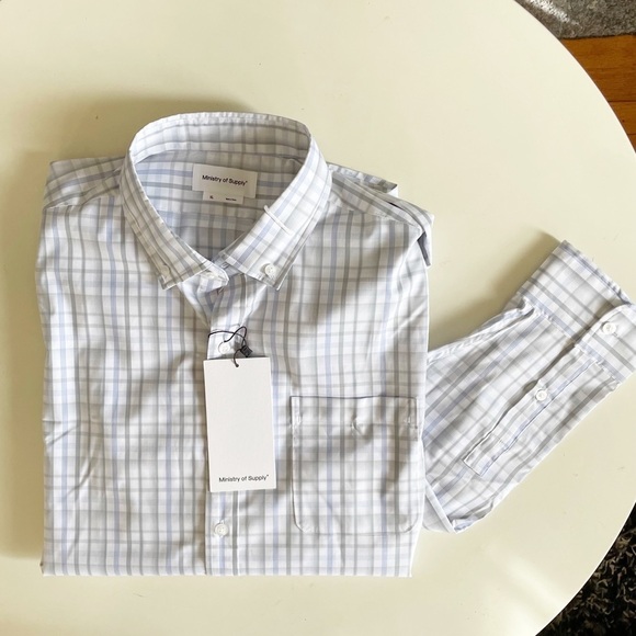 Ministry of Supply Aero Button Down Shirt Grey Blue Plaid XL Standard Fit New - Picture 1 of 9